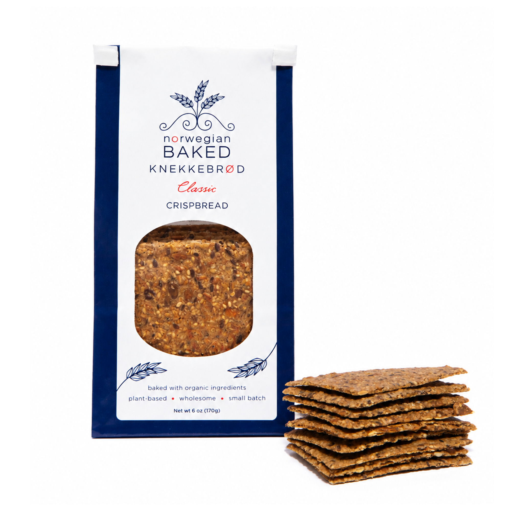 A package of Classic Flavor of Norwegian Baked Knekkebærd Crispbread with a stack of crispbread on a white background