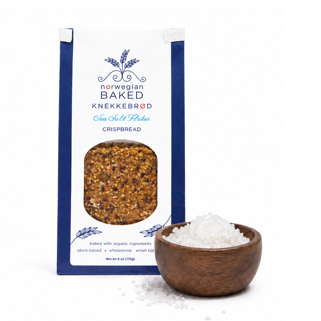 Norwegian Baked Knekkebærd packaging of SOFI Award-winning Sea Salt Flakes Knekkebrød with Maldon sea salt crystals
