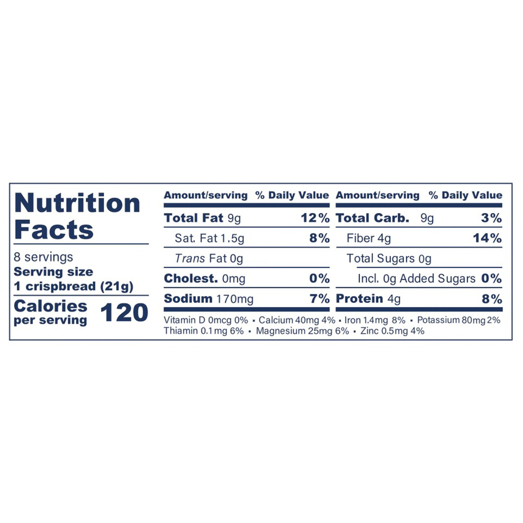 Nutrition facts label for a Sea Salt Flakes Crispbread product.